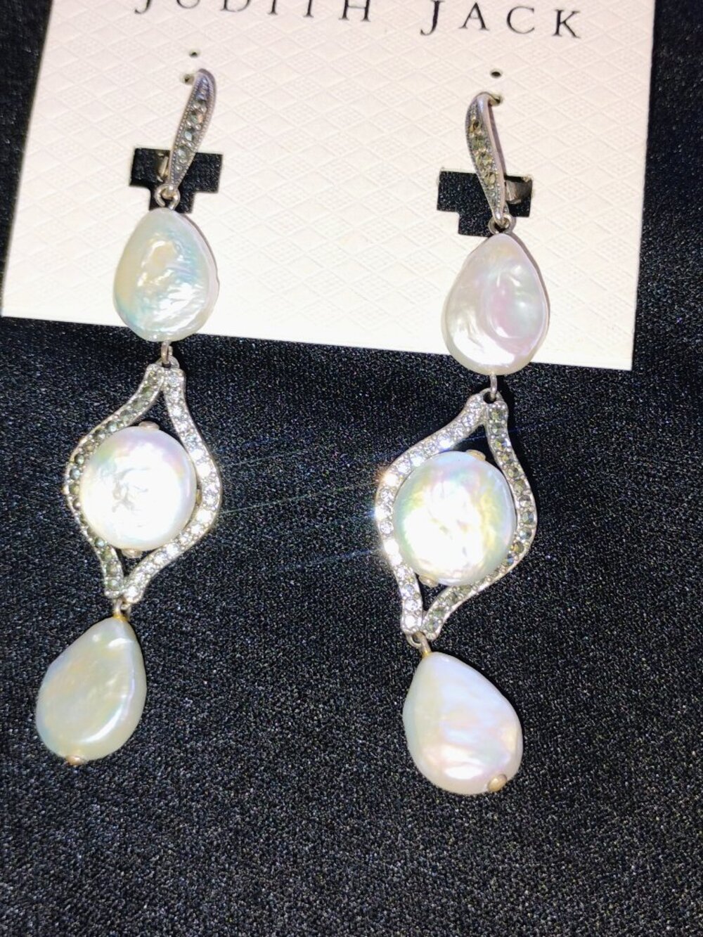 Judith Jack Pearl and Marcasite dangling earrings in sterling silver